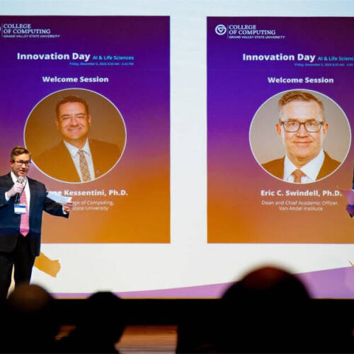 Marouane Kessentini and Eric C. Swindell, PH.D. welcoming the Innovation Day AI & Life Science event